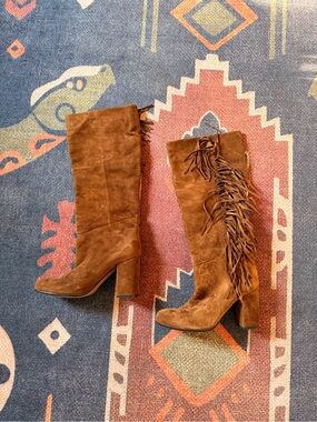 Via Roma Fringe Suede Knee-High Boots in Brown